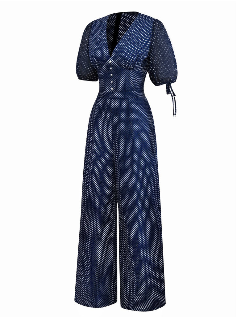 [Vorverkauf] Marineblau 1930er Polka Dot V-Ausschnitt Jumpsuit