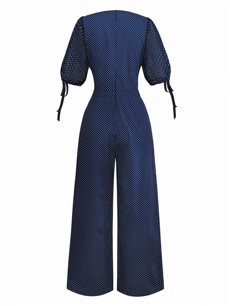 [Vorverkauf] Marineblau 1930er Polka Dot V-Ausschnitt Jumpsuit