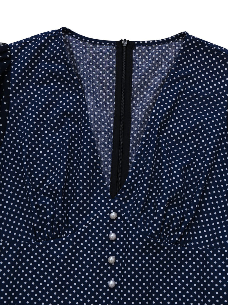 [Vorverkauf] Marineblau 1930er Polka Dot V-Ausschnitt Jumpsuit