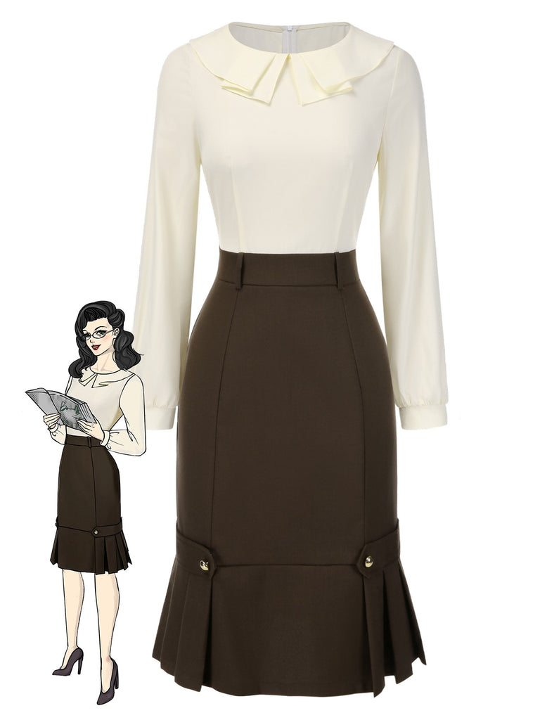 [Vorverkauf] Braun 1960er Kontrast Langarm Bleistift Kleid