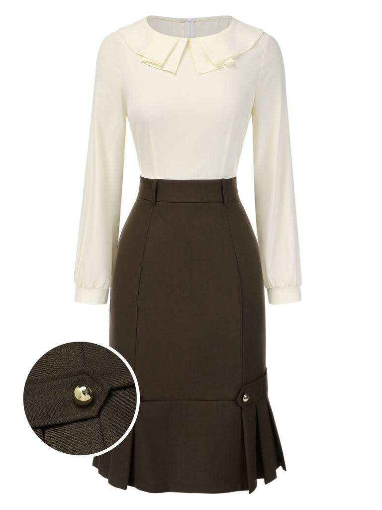 [Vorverkauf] Braun 1960er Kontrast Langarm Bleistift Kleid