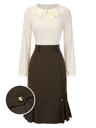 Braun 1960er Kontrast Langarm Bleistift Kleid