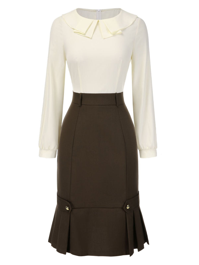 [Vorverkauf] Braun 1960er Kontrast Langarm Bleistift Kleid