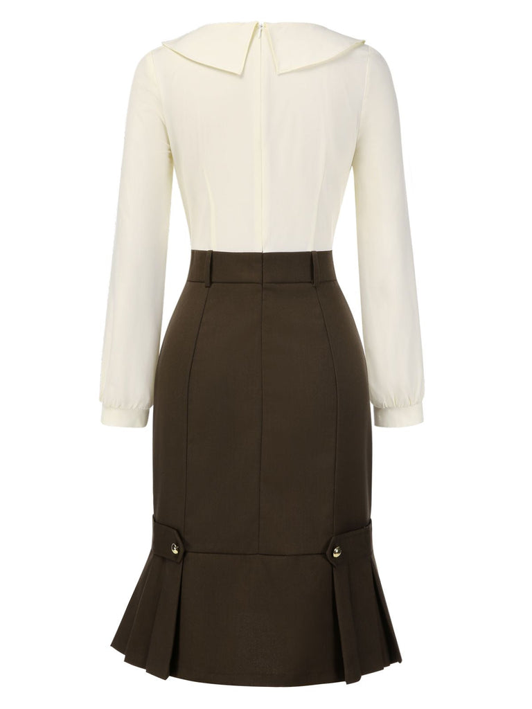 [Vorverkauf] Braun 1960er Kontrast Langarm Bleistift Kleid