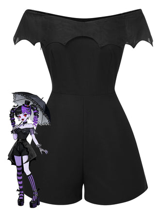 Schwarz 1950er Gothic Schläger Schulterfrei Netz Romper