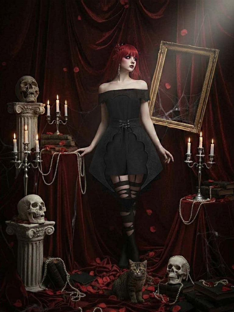 [Vorverkauf] 2PCS Schwarz 1950er Gothic Schläger Romper & Cover-Up