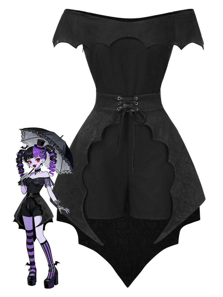 [Vorverkauf] 2PCS Schwarz 1950er Gothic Schläger Romper & Cover-Up