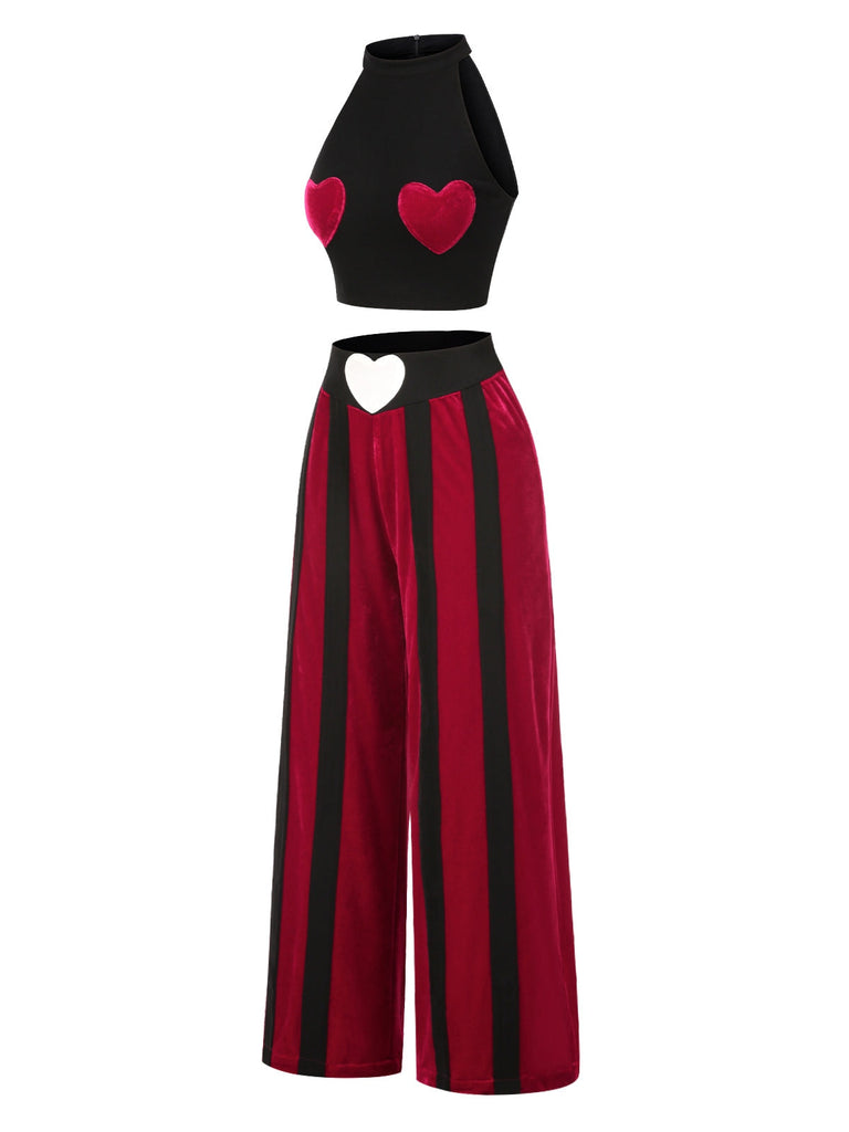 [Vorverkauf] 2PCS Schwarz 1940er Herz Farbblock Crop Top & Hose