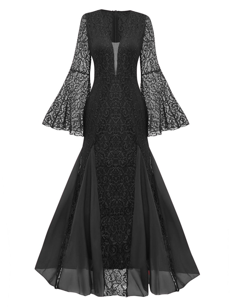 1920er Tief V-Ausschnitt Glockenärmel Spitze Meerjungfrauen Kleid