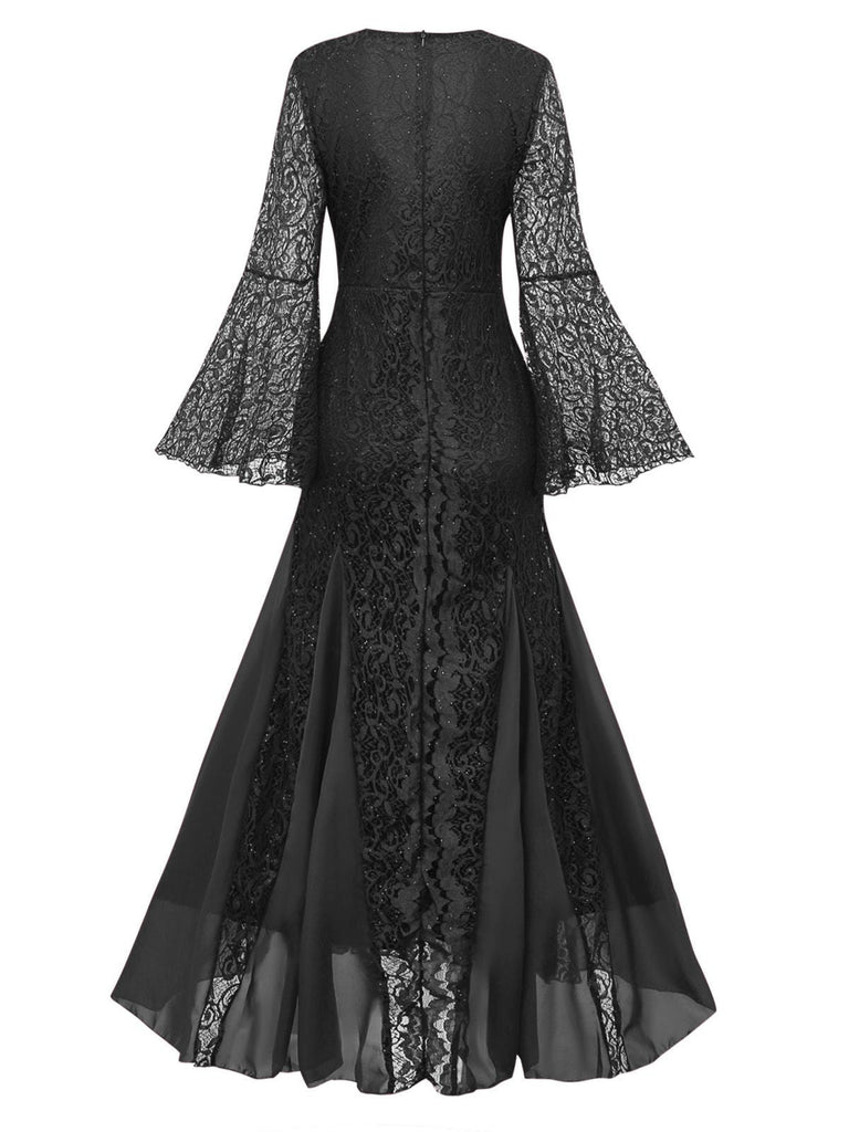 1920er Tief V-Ausschnitt Glockenärmel Spitze Meerjungfrauen Kleid