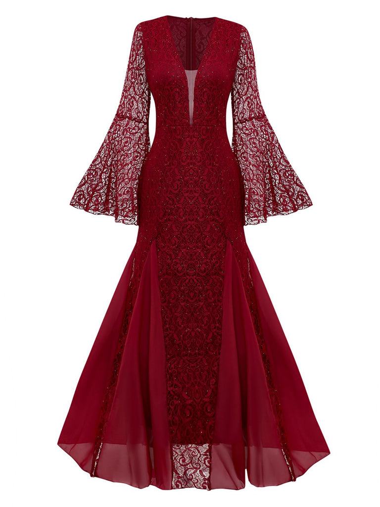 1920er Tief V-Ausschnitt Glockenärmel Spitze Meerjungfrauen Kleid