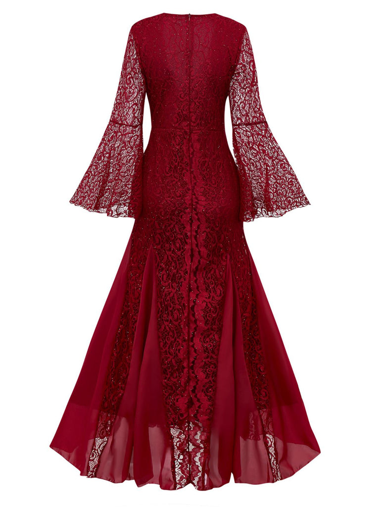 1920er Tief V-Ausschnitt Glockenärmel Spitze Meerjungfrauen Kleid