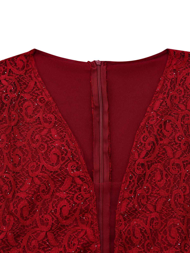 1920er Tief V-Ausschnitt Glockenärmel Spitze Meerjungfrauen Kleid