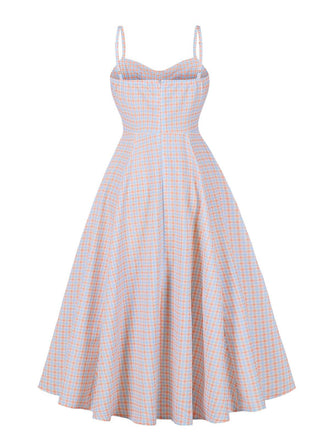 Weiß 1950er Gingham Plaid Spaghetti Träger Kleid