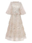 Beige 1930er Blumen Stickerei Illusion Netz Rüschen Kleid