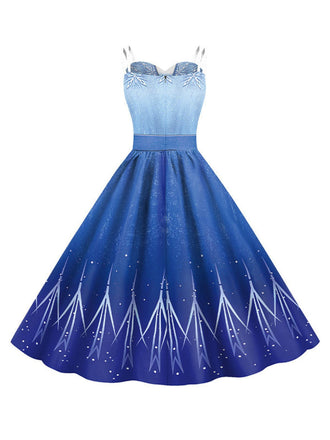Blau 1950er Elsa Pailletten Schneeflocke Träger Kleid