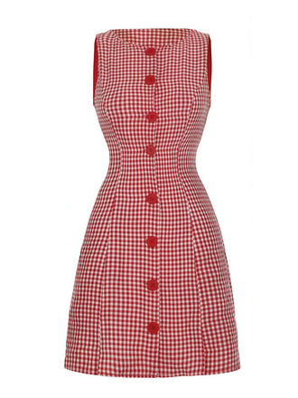 Rot 1960er Gingham Plaid Taste Ärmellos Kleid