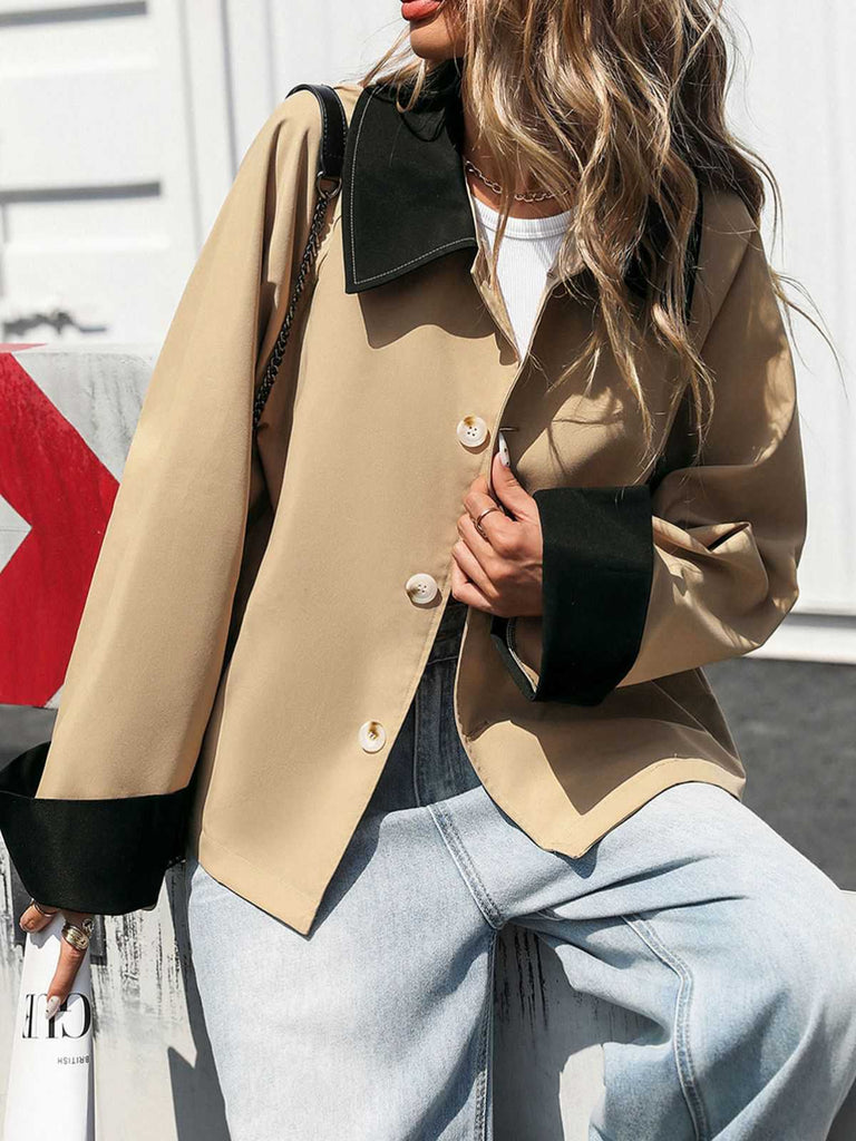 Khaki 1950er Kontrast Gerollt Manschette Revers Jacke