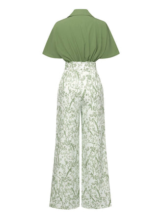 2PCS 1930er Dolman-Ärmel Revers Bluse & Blumen Hosen