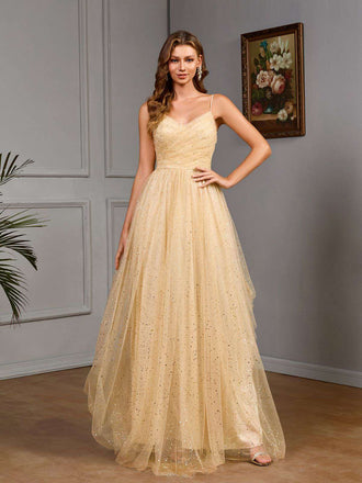 Gold 1930er Hochzeit Pailletten V-Ausschnitt Netz Kleid