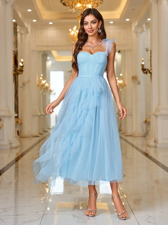 Blau 1950er Hochzeit Eine Schulter Schnürung Netz Fischgräte Kleid