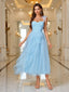 Blau 1950er Hochzeit Eine Schulter Schnürung Netz Fischgräte Kleid