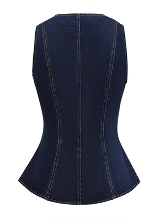 Blau 1950er Quadratischer Hals Tasteed Denim Weste