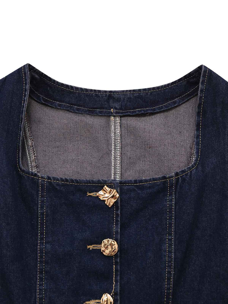 Blau 1950er Quadratischer Hals Tasteed Denim Weste