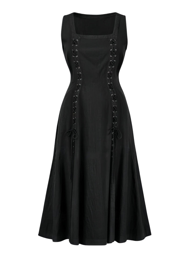 Schwarz 1940er Mittelalterlich Renaissance Ärmellos Schlitz Kleid