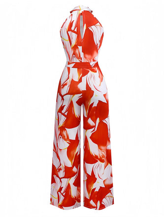 Rot 1930er Abstrakt Drucke Gürtel Ärmelloses Jumpsuit