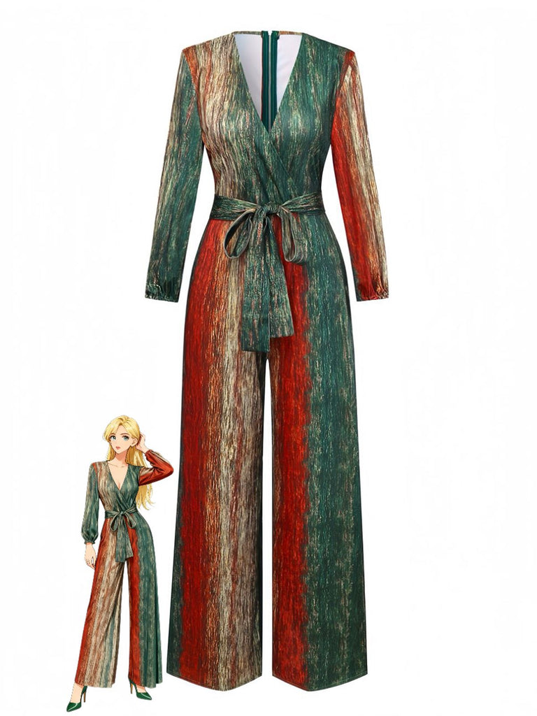 Multicolor 1970er V-Ausschnitt Gürtel Jumpsuit