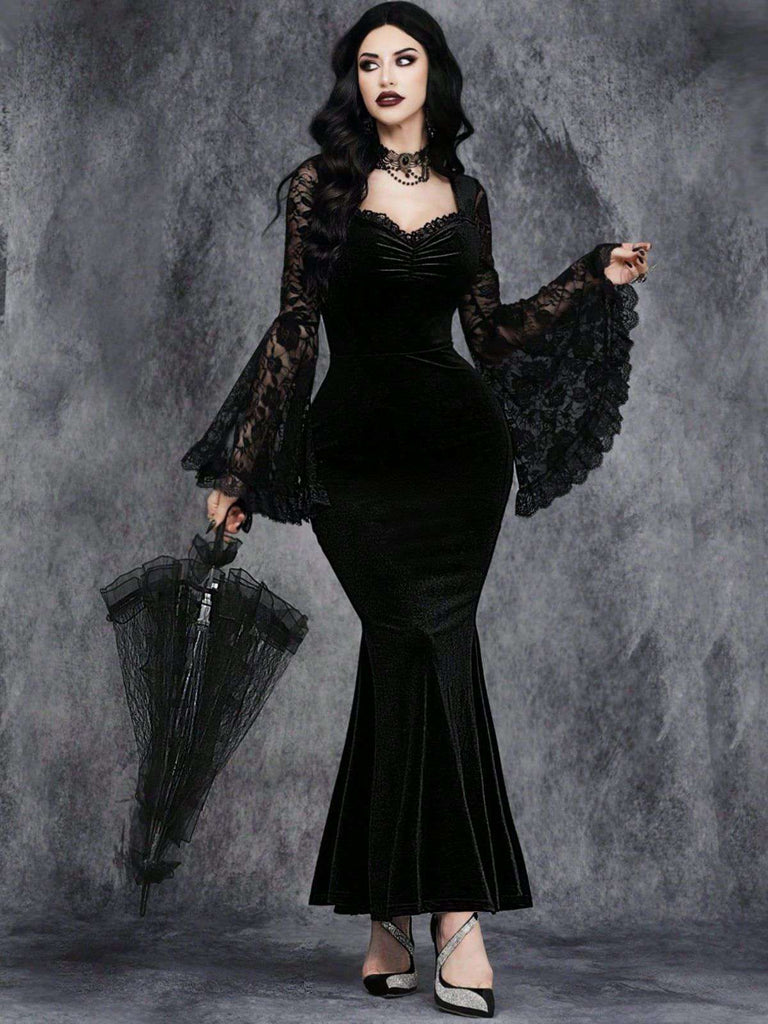 Schwarz 1930er Spitze Ärmel Samt Fischschwanz Kleid