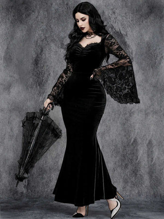 Schwarz 1930er Spitze Ärmel Samt Fischschwanz Kleid