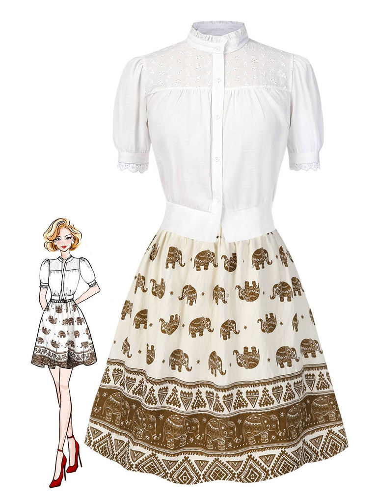 [Vorverkauf] 2PCS 1940er Besticktes Bluse & Elefant Drucken Rock