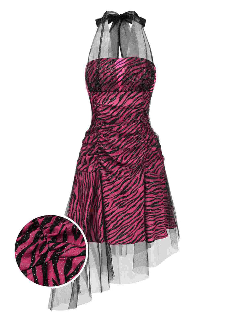 [Vorverkauf] Rosa 1970er Zebra Halter Netz Party Kleid