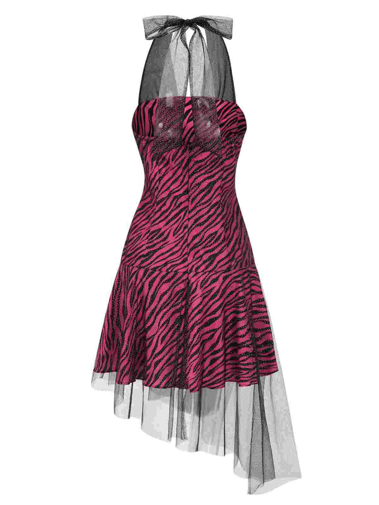 [Vorverkauf] Rosa 1970er Zebra Halter Netz Party Kleid
