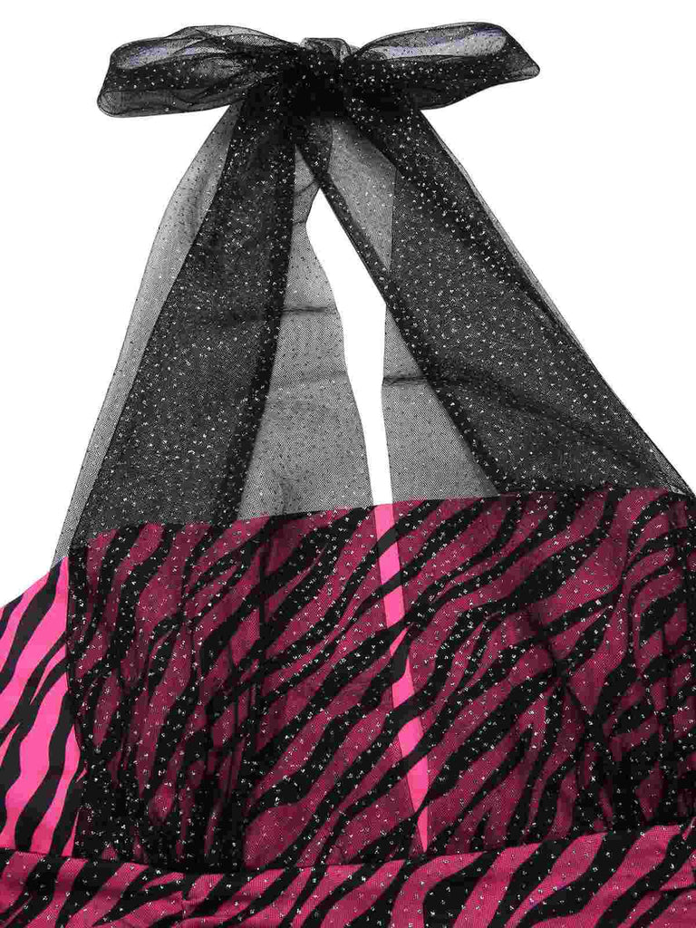 [Vorverkauf] Rosa 1970er Zebra Halter Netz Party Kleid