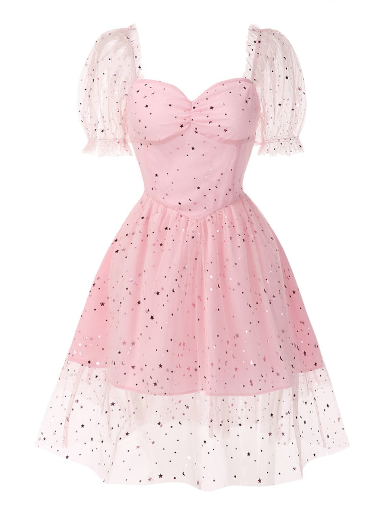 [Vorverkauf] Rosa 1950er Stern Pailletten Netz Patchwork Kleid