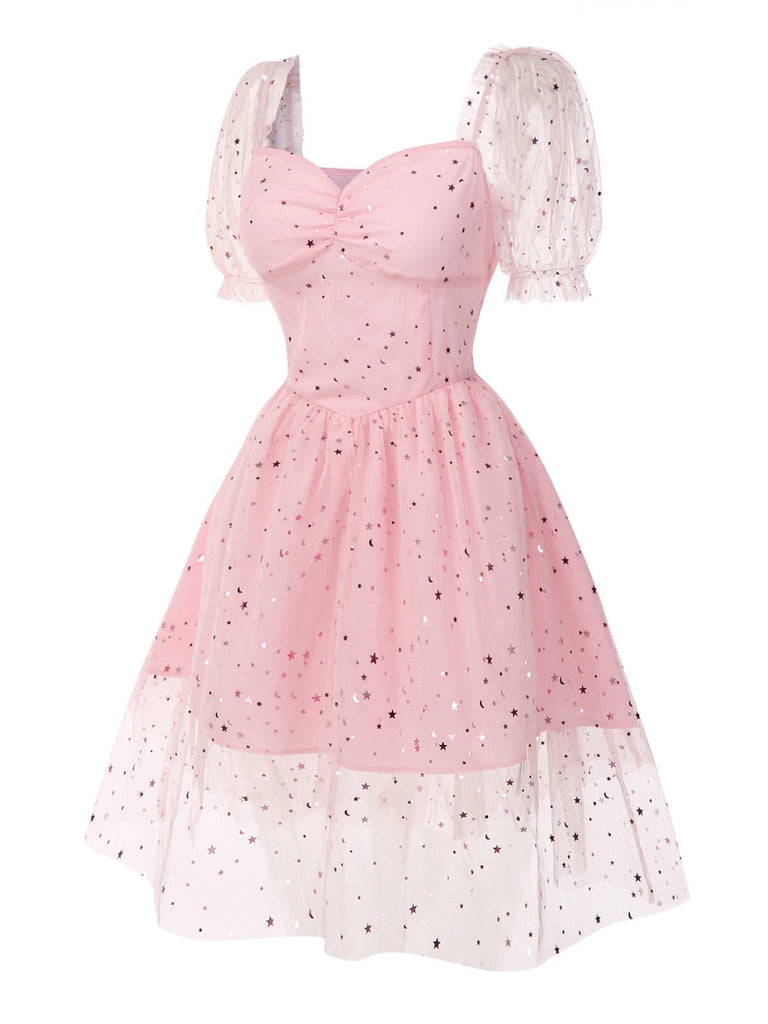 [Vorverkauf] Rosa 1950er Stern Pailletten Netz Patchwork Kleid