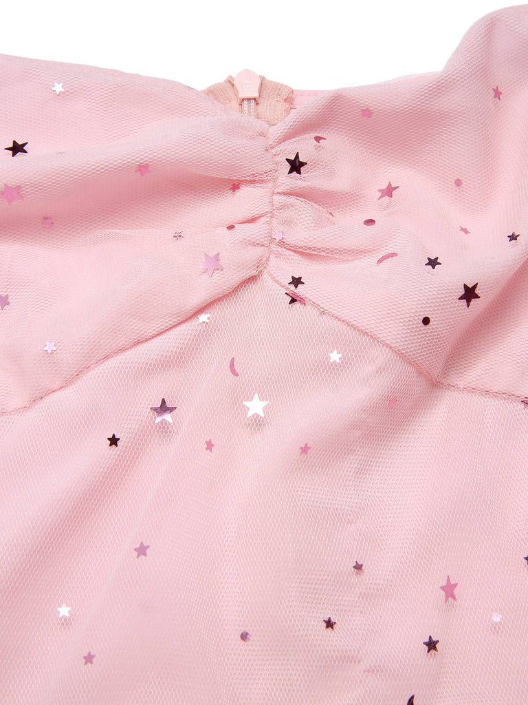 [Vorverkauf] Rosa 1950er Stern Pailletten Netz Patchwork Kleid