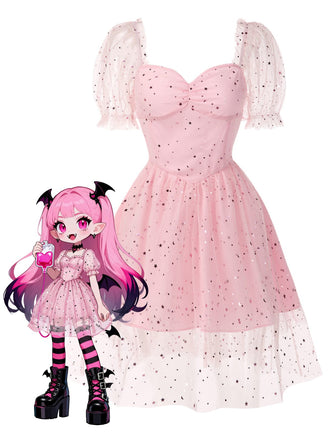 [Vorverkauf] Rosa 1950er Stern Pailletten Netz Patchwork Kleid