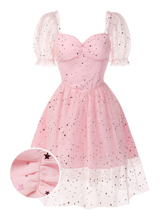 [Vorverkauf] Rosa 1950er Stern Pailletten Netz Patchwork Kleid