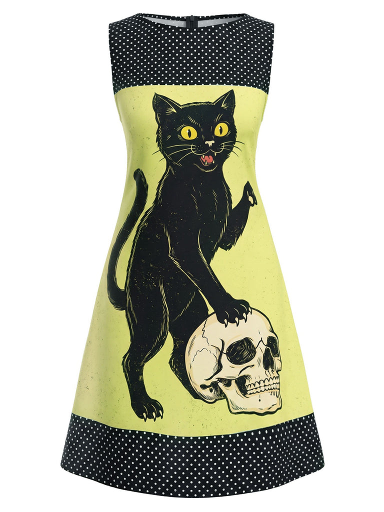 Oranges 60er A-Linien-Kleid mit Katzen- und Kürbis-Print