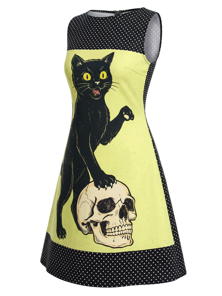 Oranges 60er A-Linien-Kleid mit Katzen- und Kürbis-Print