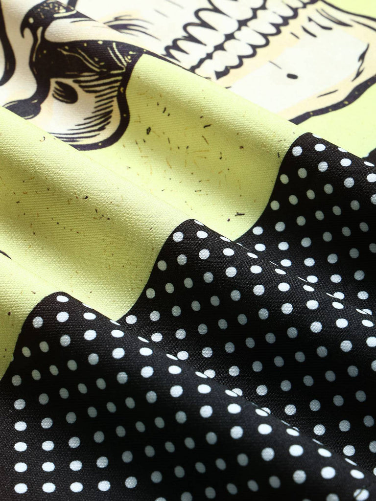 Oranges 60er A-Linien-Kleid mit Katzen- und Kürbis-Print