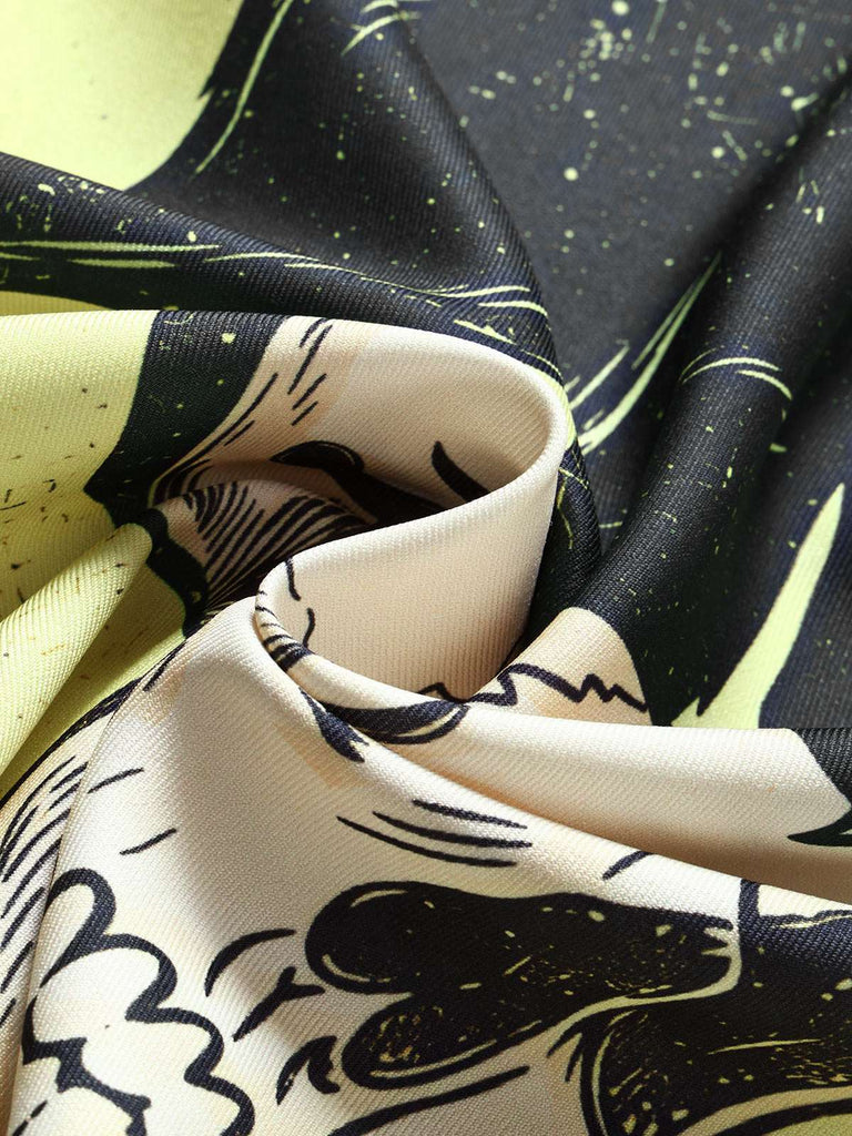 Oranges 60er A-Linien-Kleid mit Katzen- und Kürbis-Print