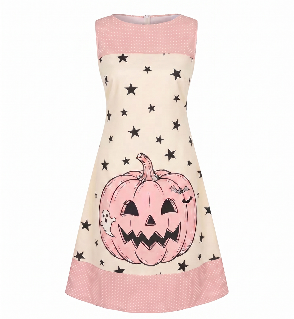 Rosa 60er Ärmelloses Kleid mit Stern und Kürbis