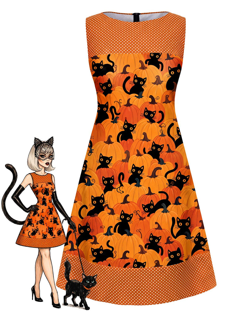 Oranges 60er A-Linien-Kleid mit Katzen- und Kürbis-Print