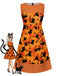 Oranges 60er A-Linien-Kleid mit Katzen- und Kürbis-Print