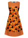 Oranges 60er A-Linien-Kleid mit Katzen- und Kürbis-Print